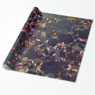 Zwart Roos Gold Grey Modern Floral Toile Cadeaupapier