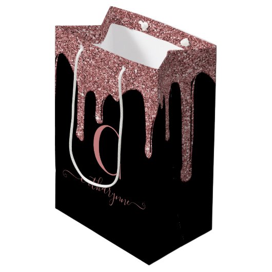 Zwart Roos Gold Sparkle Driving Glitter Monogram Medium Cadeauzakje (Voorkant Gekanteld)