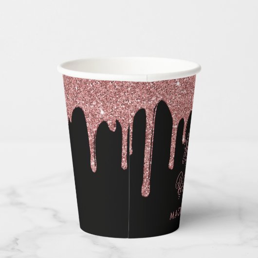 Zwart Roos Gold Sparkle Glitter Drips Verjaardag Papieren Bekers (Rechts)
