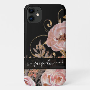  Zwart Roos Goud Elegante Waterverf Bloemen iPhone 11 Hoesje