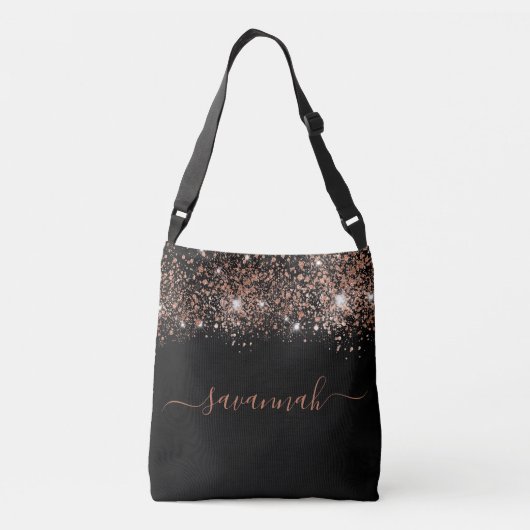 Zwart roos goud glitter monogram script crossbody tas (Achterkant)