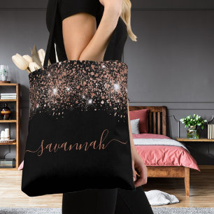 Zwart roos goud glitter monogram script draagtas