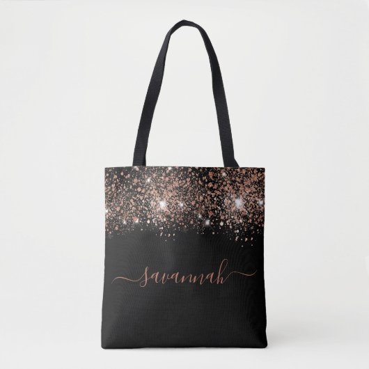 Zwart roos goud glitter monogram script draagtas (Voorkant)