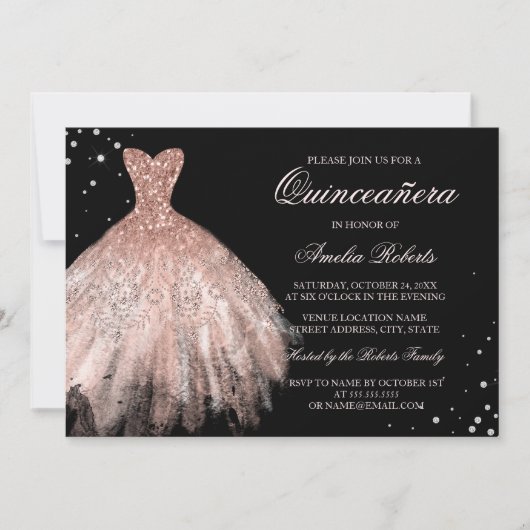Zwart Roos Goud Sparkle Jurk Quinceanera Invite Kaart (Voorkant)