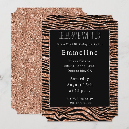 Zwart Roos Goud Zebra Glitter Kaart (Voorkant / Achterkant)