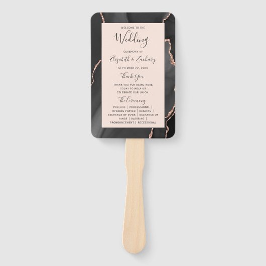 Zwart Roos Gouden Agaat Blush Bruiloft Programma Handwaaier (Voorkant)