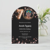 Zwart roos gouden foto sterren 70e verjaardagsboog kaart (Staand voorkant)