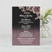 Zwart Roos Gouden Glitter Bloemen Trouwmenu Menu (Staand voorkant)