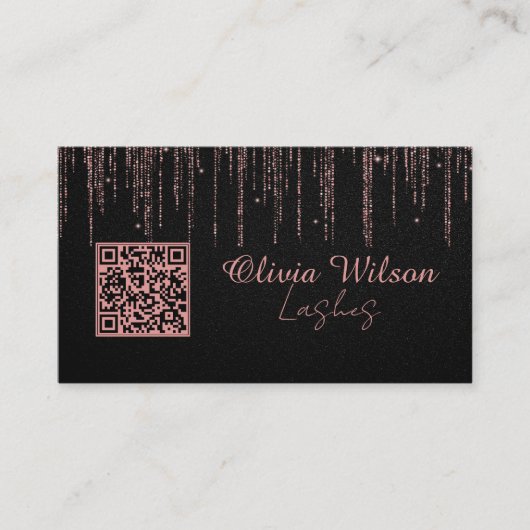 Zwart Roos Gouden Glitter Minimalistische QR-code Visitekaartje (Voorkant)