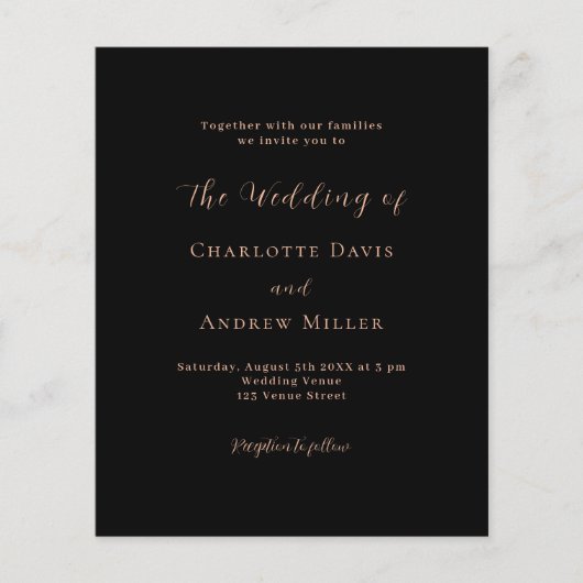 Zwart roos gouden klassieker formele trouwuitnodig (Voorkant)