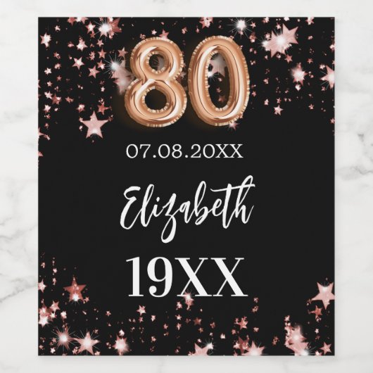 Zwart roos gouden sterren 80ste verjaardag wijn etiket (Enkel label)