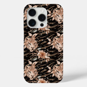 Zwart Roos Gouden Tijger Bloemen iPhone 15 Pro Case
