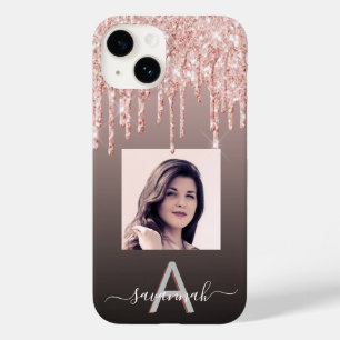 Zwart roos goudglitter druppelt foto monogram Case-Mate iPhone 14 hoesje