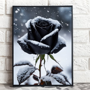 Zwart Roos in de sneeuw - Moody Winter Floral Art Poster