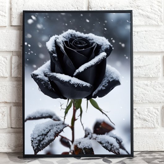 Zwart Roos in de sneeuw - Moody Winter Floral Art  Poster