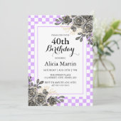 Zwart Roos Mauve & Wit Geruite Verjaardag Kaart (Staand voorkant)