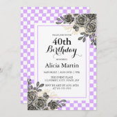 Zwart Roos Mauve & Wit Geruite Verjaardag Kaart (Voorkant / Achterkant)