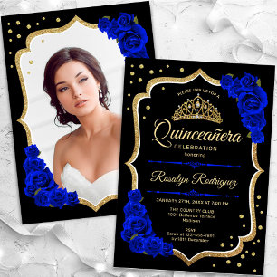 Zwart Royal Blauw Goud Foto Quinceanera Kaart