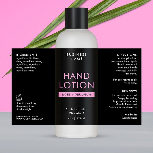 Zwart & Roze 4 OZ Cosmetische Fles Wrapper Label