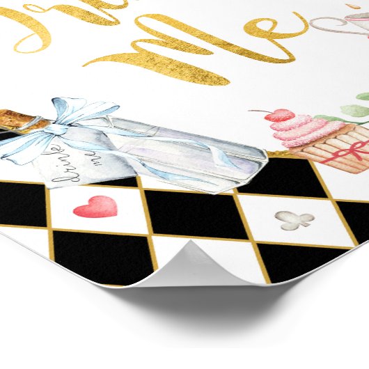 Zwart Roze Alice in Wonderland DRINK ME Party Sign Poster (Hoek)