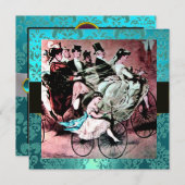 ZWART ROZE BLAUWE FIETS TROUW DAMAST MONOGRAM KAART (Voorkant / Achterkant)