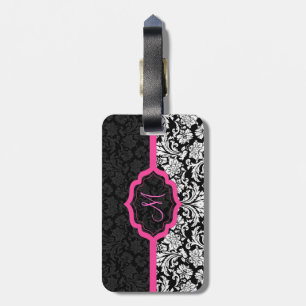 Zwart & Roze Bloemen Damasks Bagagelabel