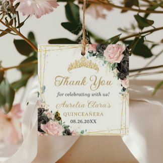 Zwart Roze Bloemen Gouden Vlinders Prinses Kroon Bedankjes Labels