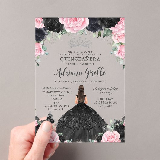 Zwart Roze Bloemen Jurk Zilver Quinceanera Acryl Uitnodigingen (Insitu (Draagbaar))