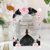 Zwart Roze Bloemen Jurk Zilver Quinceanera Acryl Uitnodigingen