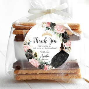 Zwart Roze Bloemen Prinses Jurk Goud Quinceañera Ronde Sticker