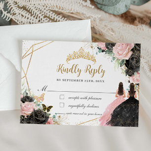Zwart Roze Bloemen Prinses Twins Quinceañera Antwo RSVP Kaartje