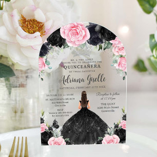 Zwart Roze Bloemige Bloemen Jurk Zilver Quinceaner Acryl Uitnodigingen