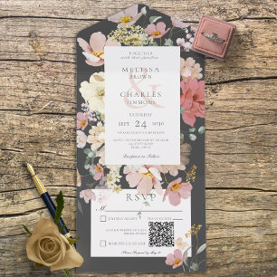 Zwart & Roze Blush Boho Bloemen QR Code All In One Uitnodiging