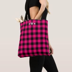 Zwart Roze Buffalo Plaid Monogram Draagtas