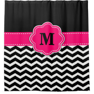 Zwart roze chevron Monogram Douchegordijn