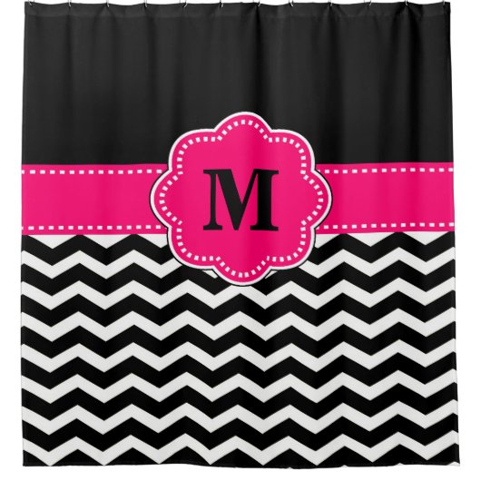 Zwart roze chevron Monogram Douchegordijn (Voorkant)
