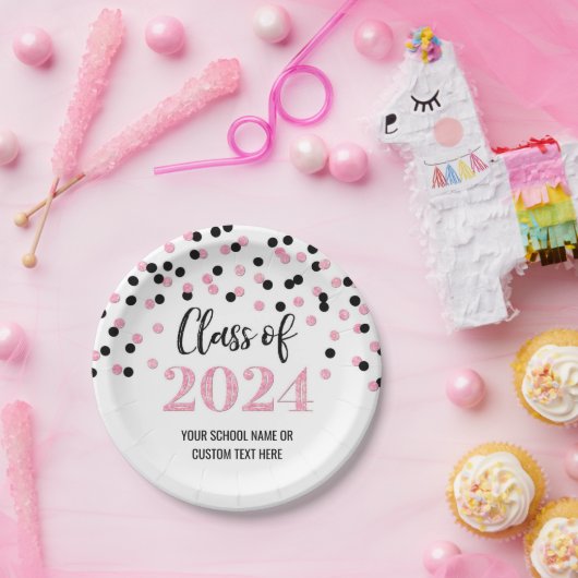 Zwart Roze Confetti Afstuderen 2024 Papieren Bordje (Feest)