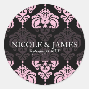 Zwart & Roze Damast Vintage Huwelijksfeest Favorie Ronde Sticker