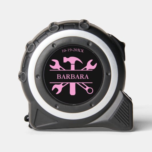 Zwart Roze Dames Tool Set Naam Datum Rolmaat (Voorkant)