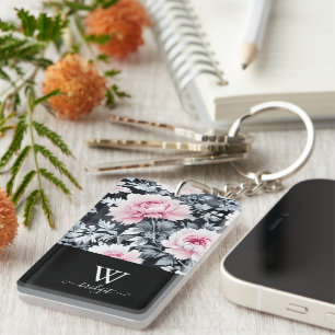 zwart & roze elegant Modern Floral Sleutelhanger