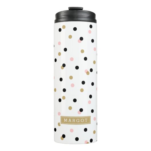 Zwart Roze en Gouden Confetti Stippen Monogram Thermosbeker (Voorkant)