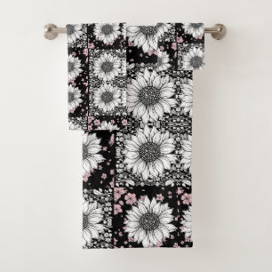 Zwart, Roze en Witte Bloemen Patchwork Patroon Bad Handdoek