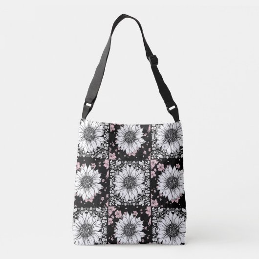Zwart, Roze en Witte Bloemen Patchwork Patroon Crossbody Tas (Achterkant)