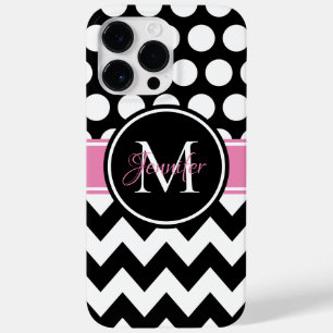 Zwart roze en witte chevron stippenmonogram Case-Mate iPhone 14 pro max hoesje