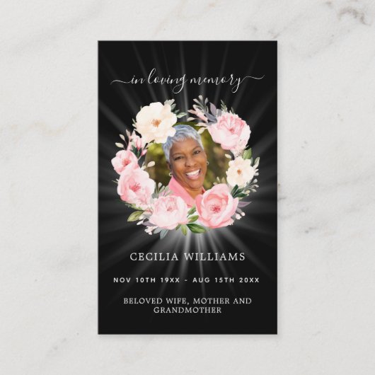 Zwart roze foto bloemenkrans begrafenis gebedskaar visitekaartje (Voorkant)