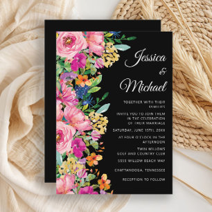 Zwart Roze Geel Aquarel Wilde Bloemen Bruiloft Kaart