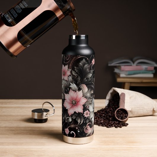 Zwart & Roze Glitter bloemen Waterfles (Koffie)