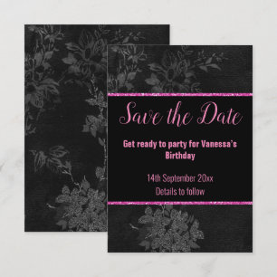 ZWART ROZE GLITTER BLOMEN SAVE THE DATE RSVP KAARTJE