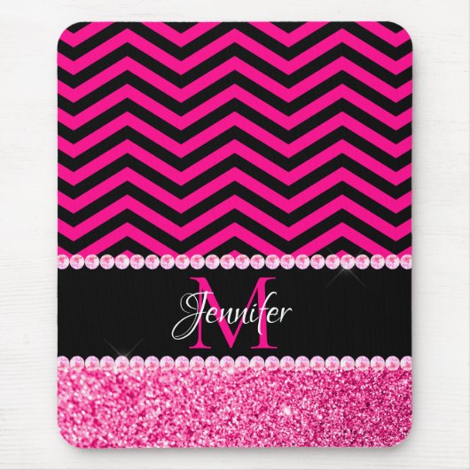 Zwart-roze Glitter Chevron Monogram Muismat (Voorkant)