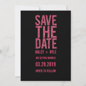Zwart & Roze Glitter Save the Date Typografie Kaart (Achterkant)
